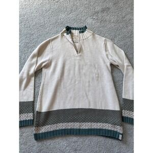 Old Ranch Brands Women Cream Green Fair Isle Organic Cotton‎ Quarter Zip Sweater